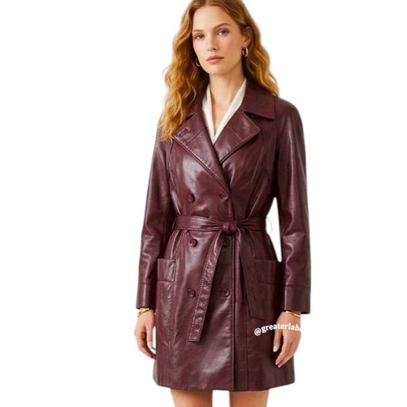 Etienne Aigner Jackets & Blazers - Etienne Aigner Vintage 70s Burgundy Leather Belted Trench Coat SIZE 14 Rare